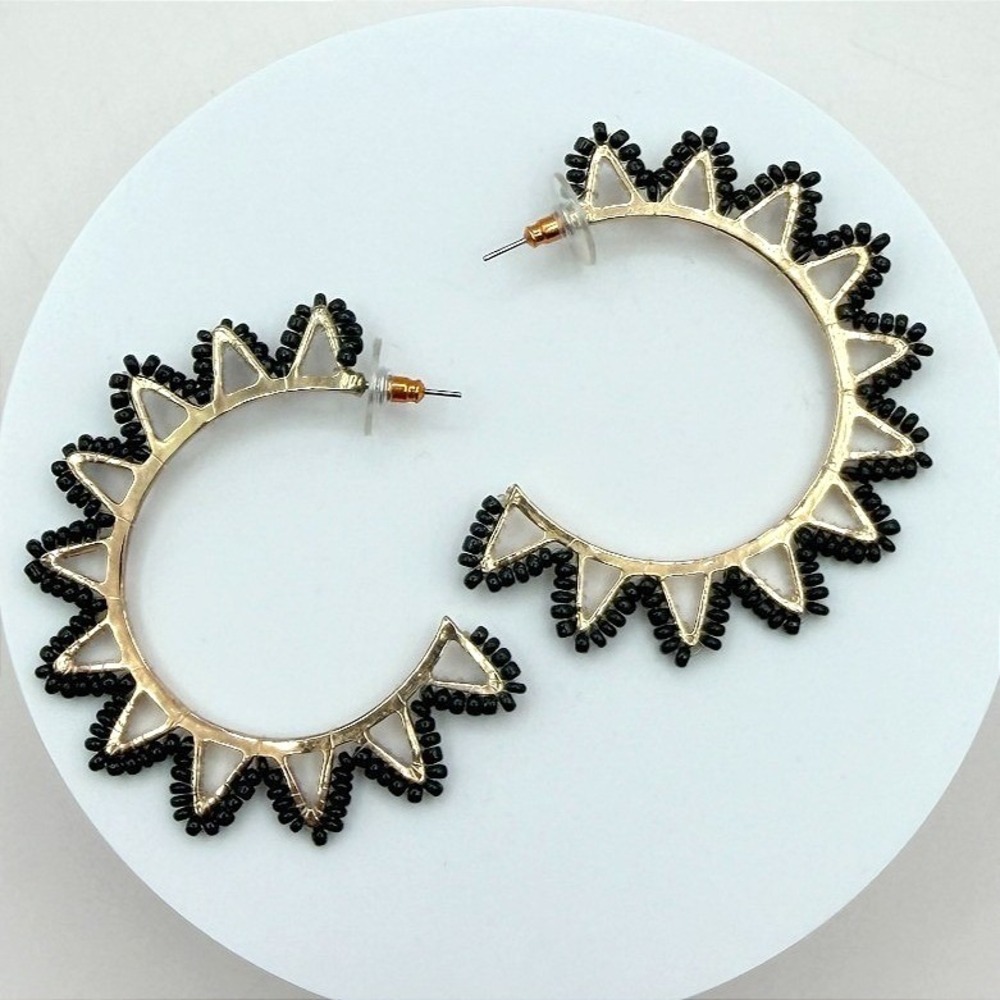 Vintage Y2K Gold Tone Black Beaded Hoop Sunburst Spike Earrings Women's Jewelry